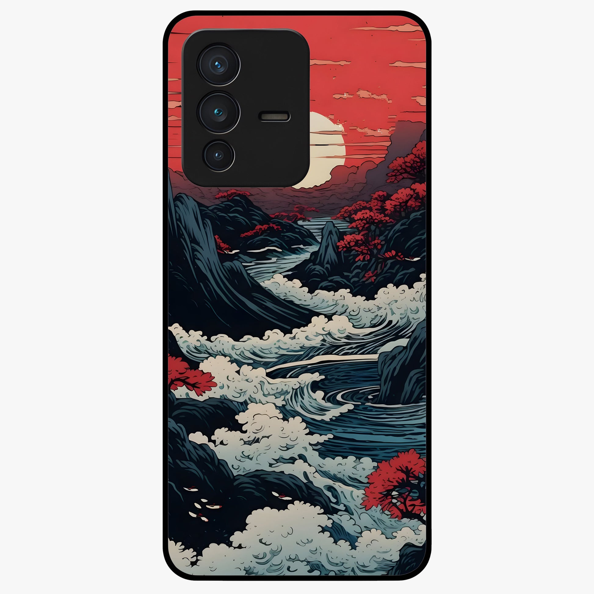 Red Sunset Scenery Glass Case showing flat back view with vibrant sunset landscape artwork and glossy glass finish.