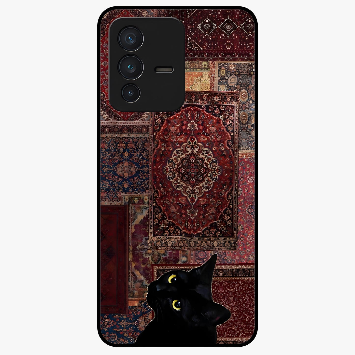 Regal Magic Cat Apple Glass Case showing flat back view with magical cat artwork holding apple and glossy glass finish.