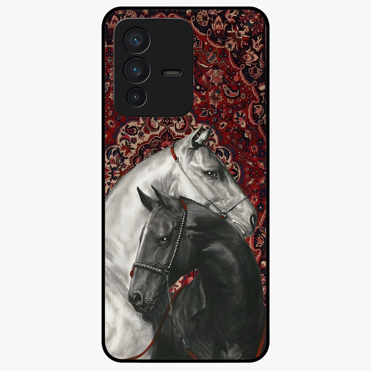Regal Stallion Tapestry Glass Case showing flat back view with majestic horse tapestry artwork and glossy glass finish.