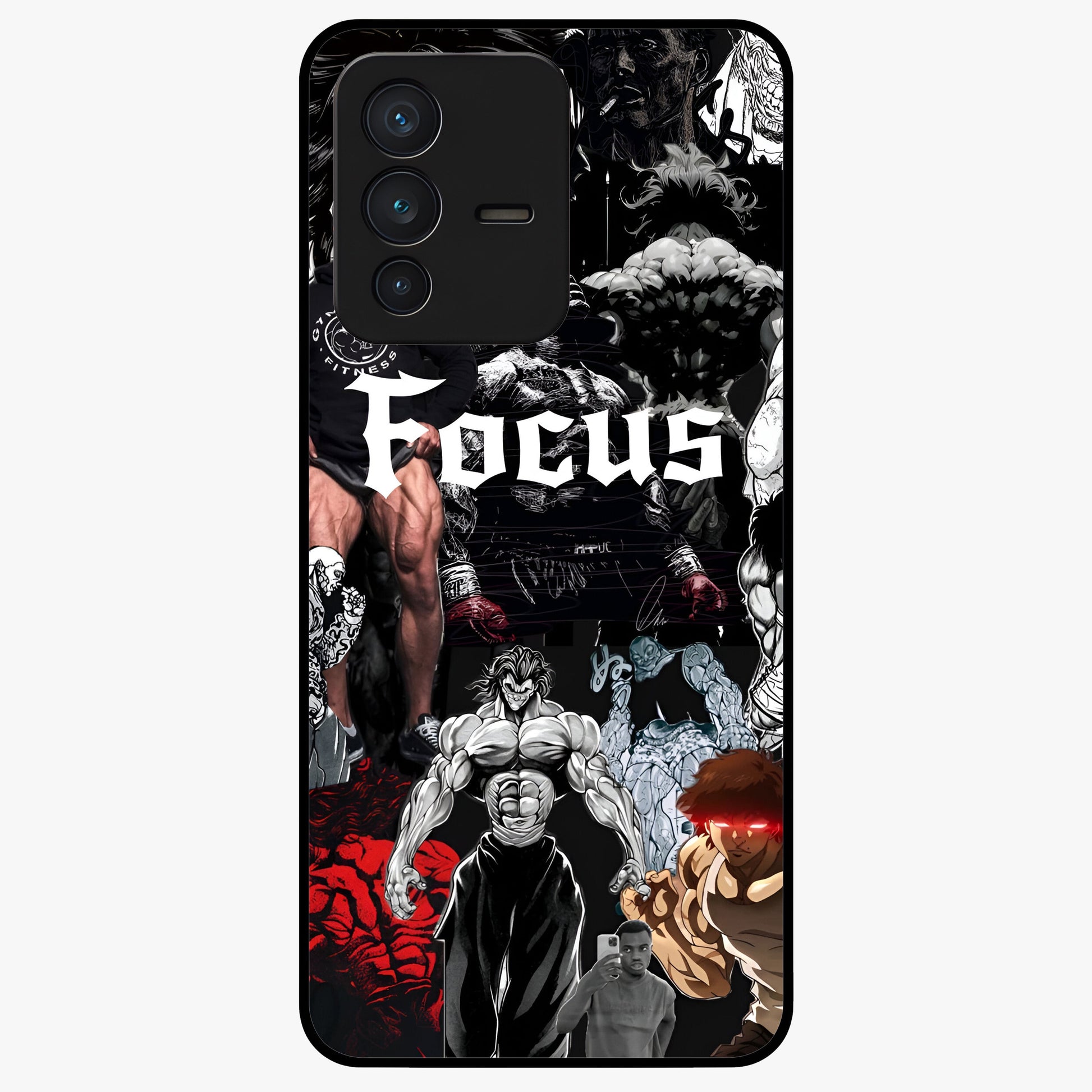 Relentless Power Focus Glass Case showing flat back view with motivational typography artwork and glossy glass finish.