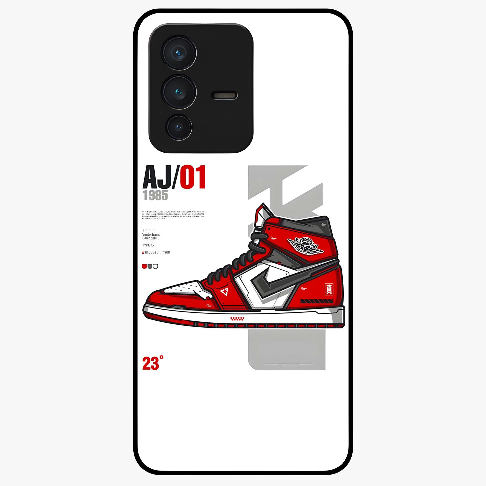 Retro Sneaker Blueprint Glass Case showing flat back view with sneaker blueprint style artwork and glossy glass finish.