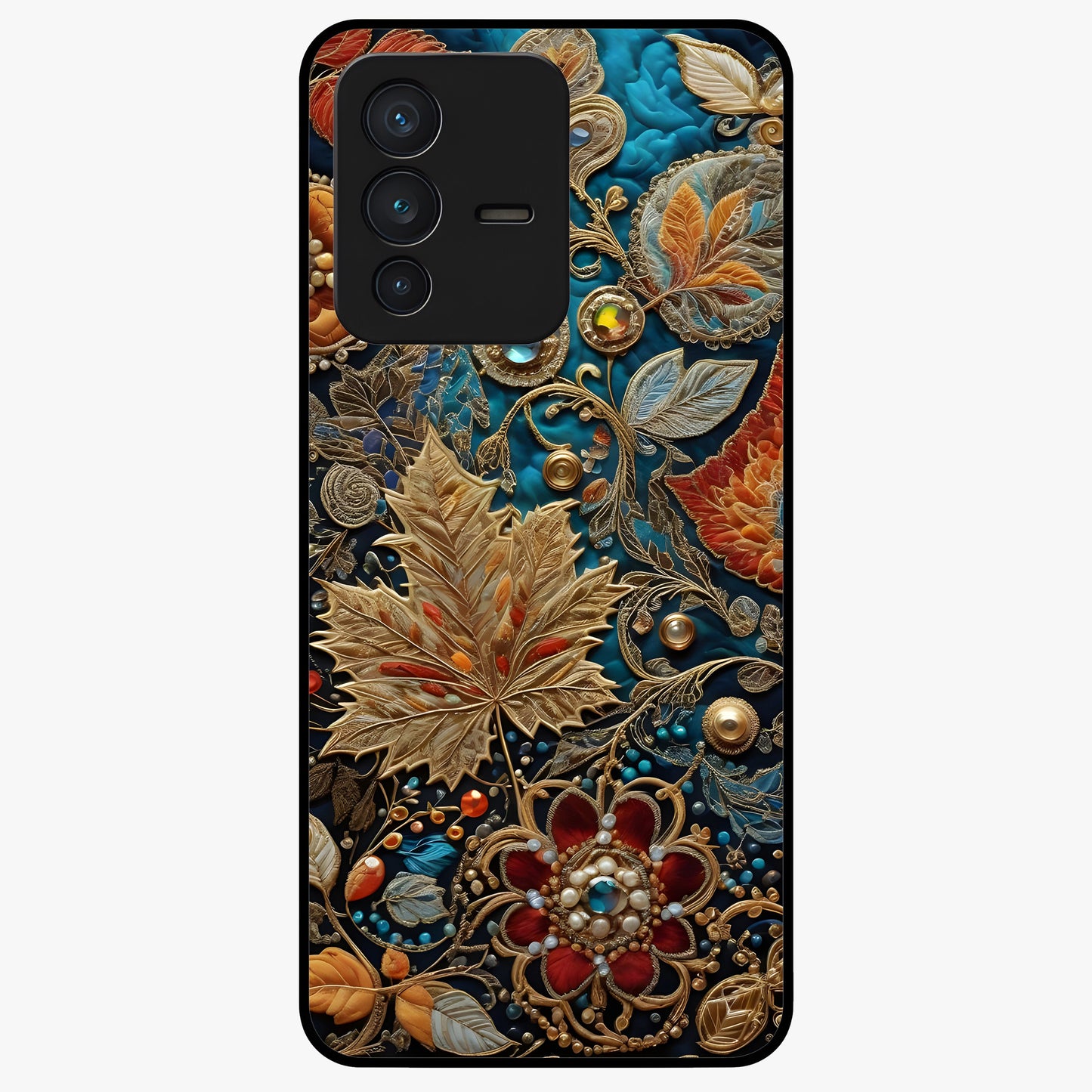 Royal Jewel Garden Glass Case showing flat back view with decorative floral garden artwork and glossy glass finish.