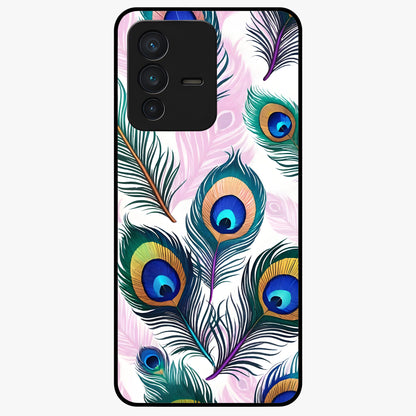 Royal Peacock Feathers Glass Case showing flat back view with colorful peacock feather artwork and glossy glass finish.