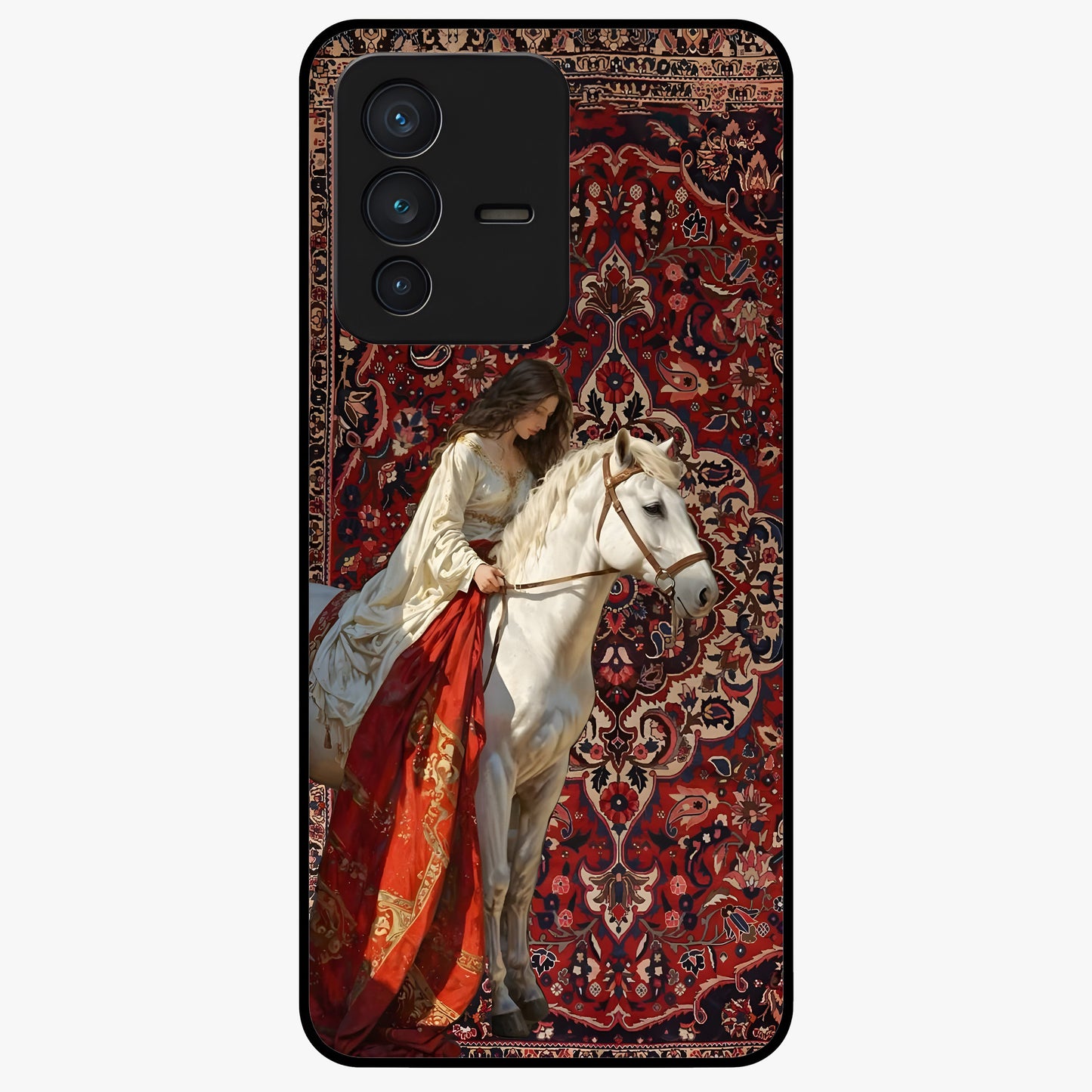 Royal Rider Tapestry Glass Case showing flat back view with majestic horse rider tapestry artwork and glossy glass finish.