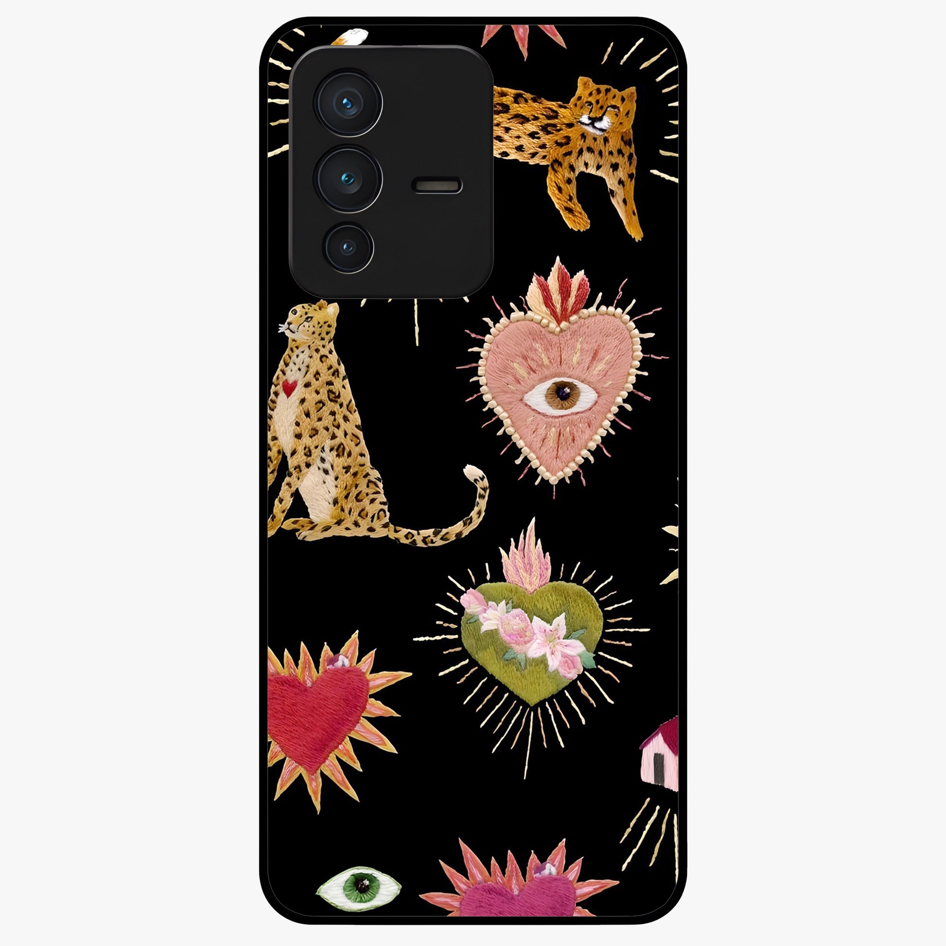Sacred Jungle Heart Glass Case showing flat back view with jungle inspired heart artwork and glossy glass finish.