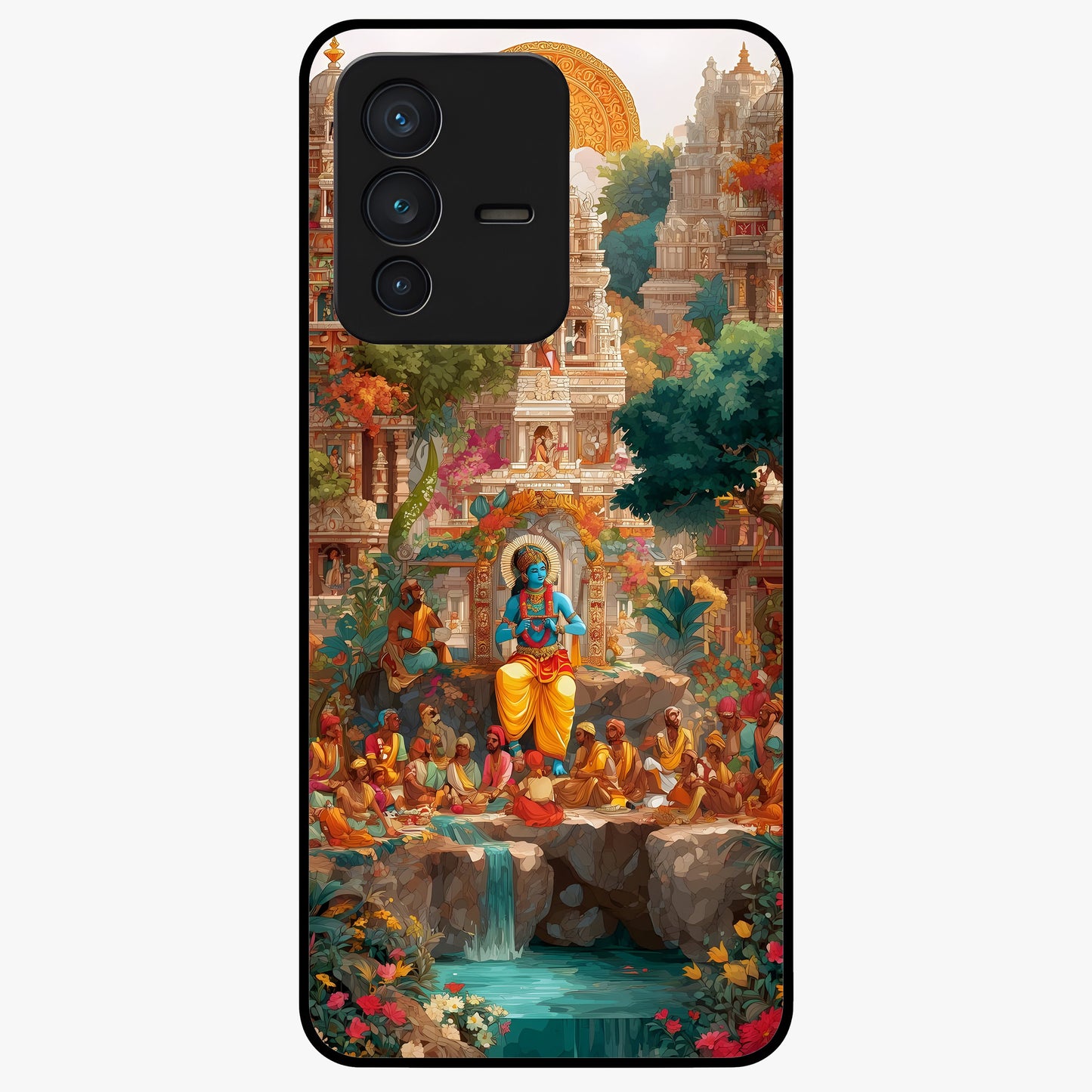 Sacred Sunlight Gods Glass Case showing flat back view with divine sunlight themed artwork and glossy glass finish.
