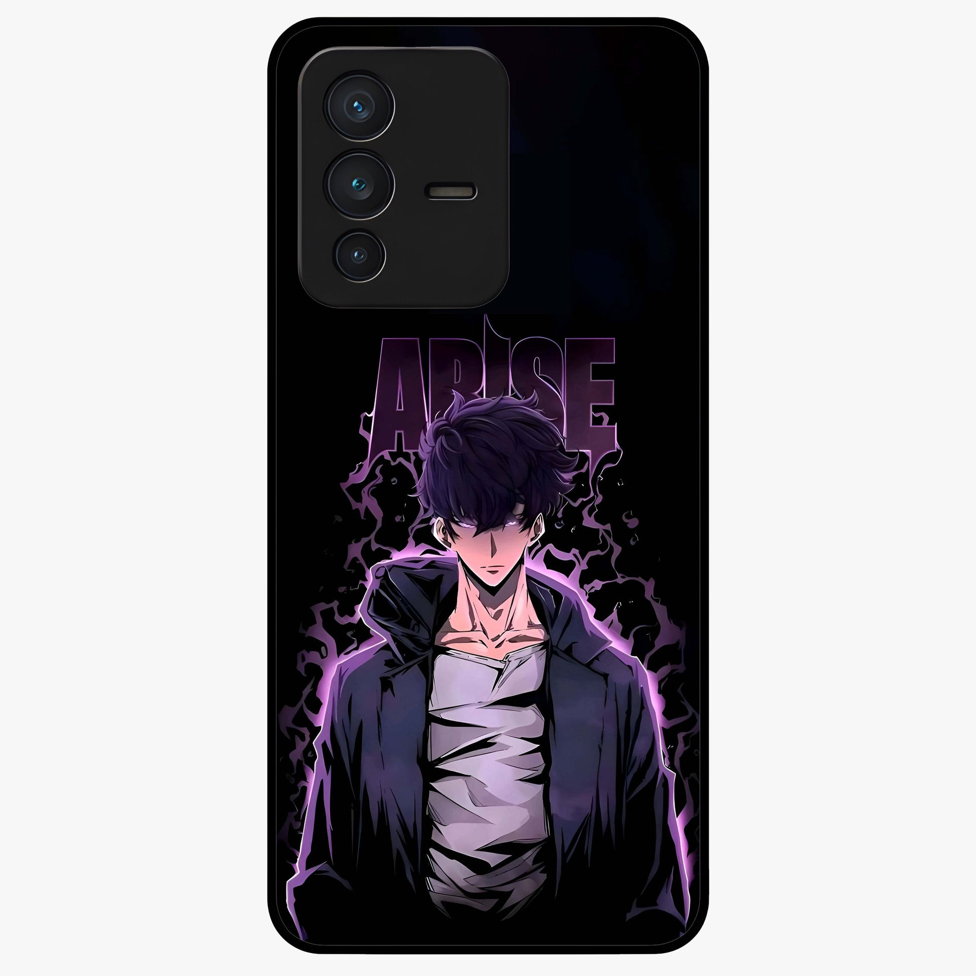Shadow Monarch Awakening Glass Case showing flat back view with powerful dark monarch themed artwork and glossy glass finish.