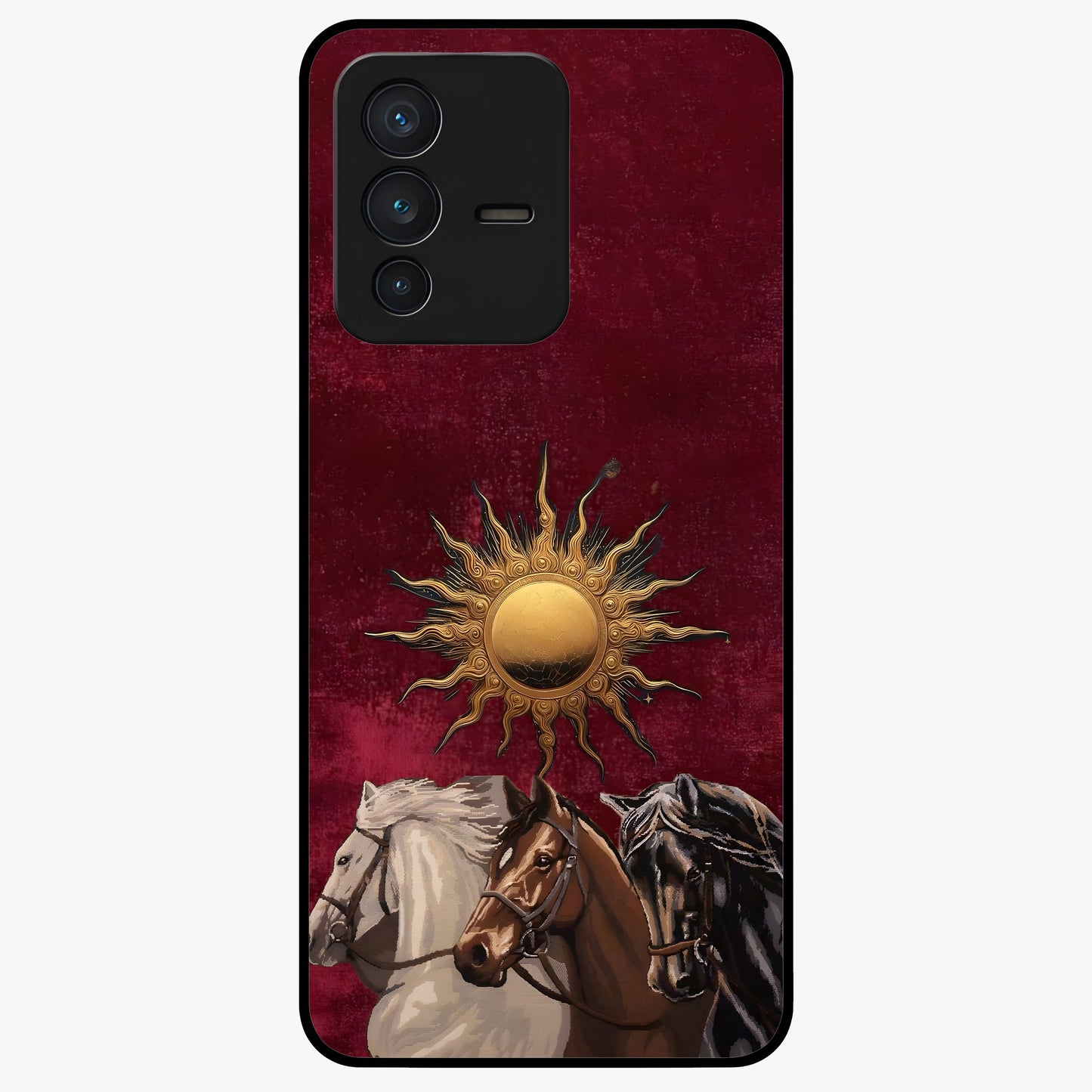 Solar Riders Glass Case showing flat back view with dynamic rider themed artwork and glossy glass finish.