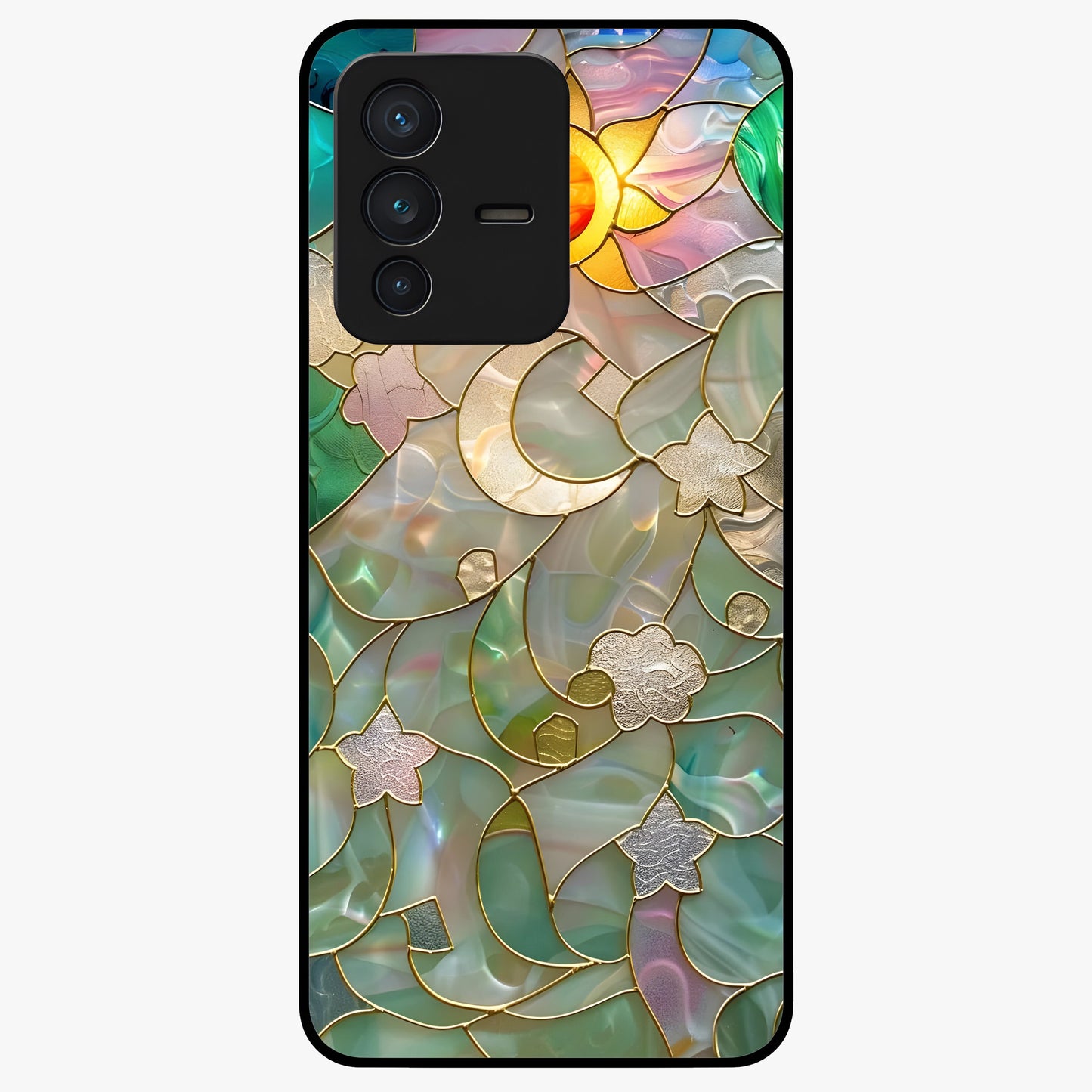 Stained Sunrise Glow Glass Case showing flat back view with glowing sunrise stained pattern artwork and glossy glass finish.