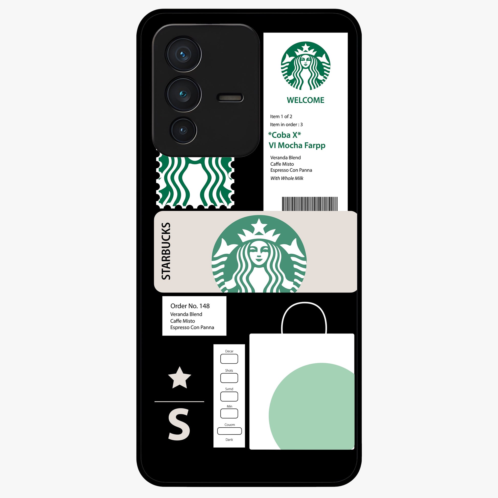 Starbucks Mocha Glass Case showing flat back view with coffee inspired artwork and glossy glass finish.
