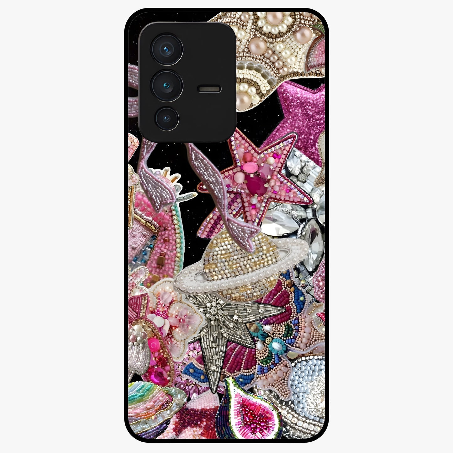 Starlit Jewel Dream Glass Case showing flat back view with sparkling jewel and star themed artwork and glossy glass finish.
