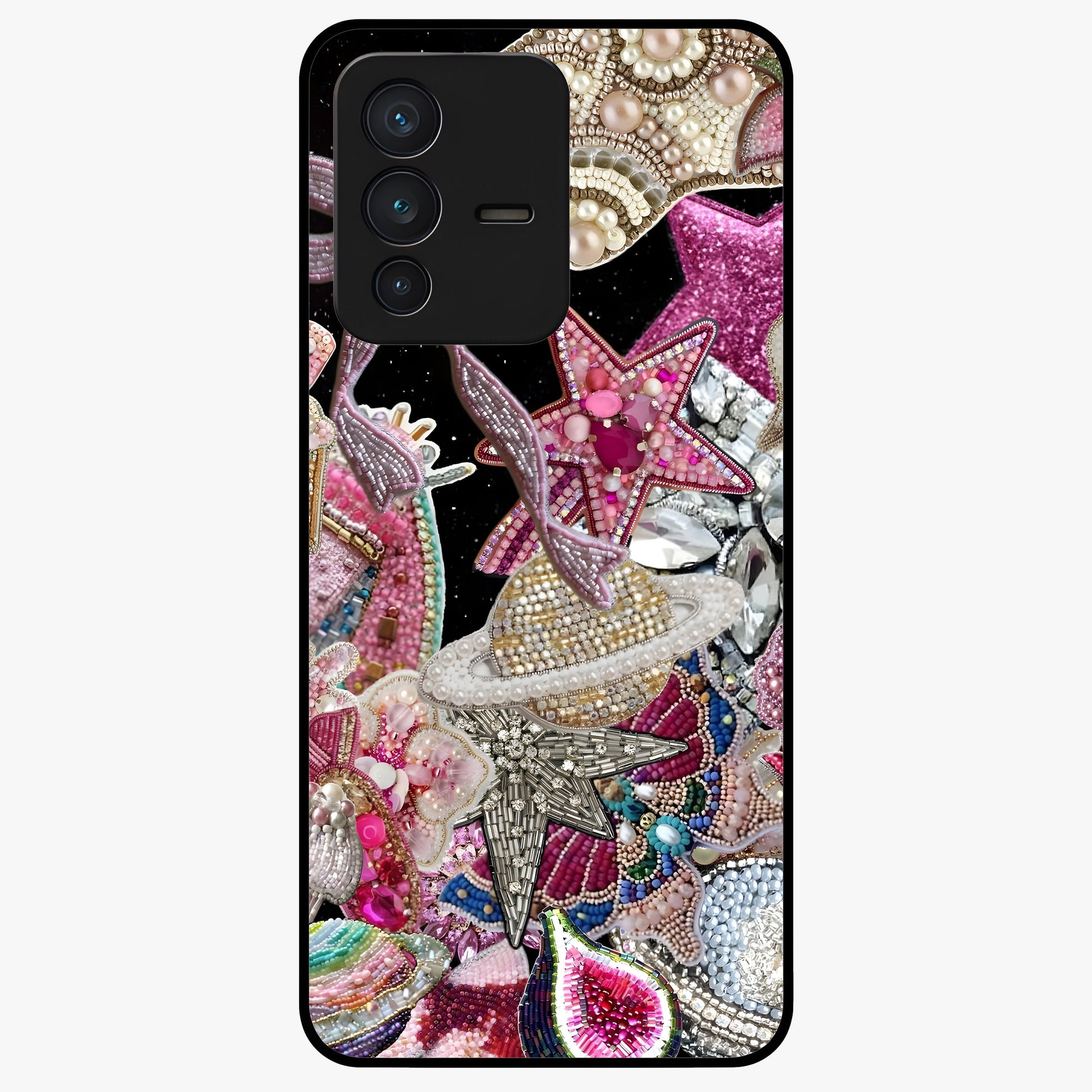 Starlit Jewel Dream Glass Case showing flat back view with sparkling jewel and star themed artwork and glossy glass finish.