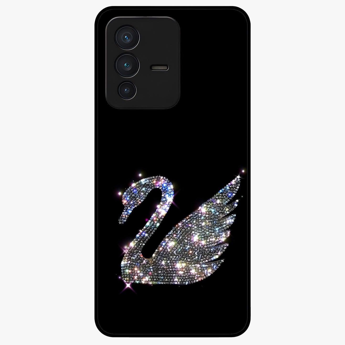 Starlit Swan Grace Glass Case showing flat back view with graceful swan artwork under starry sky and glossy glass finish.