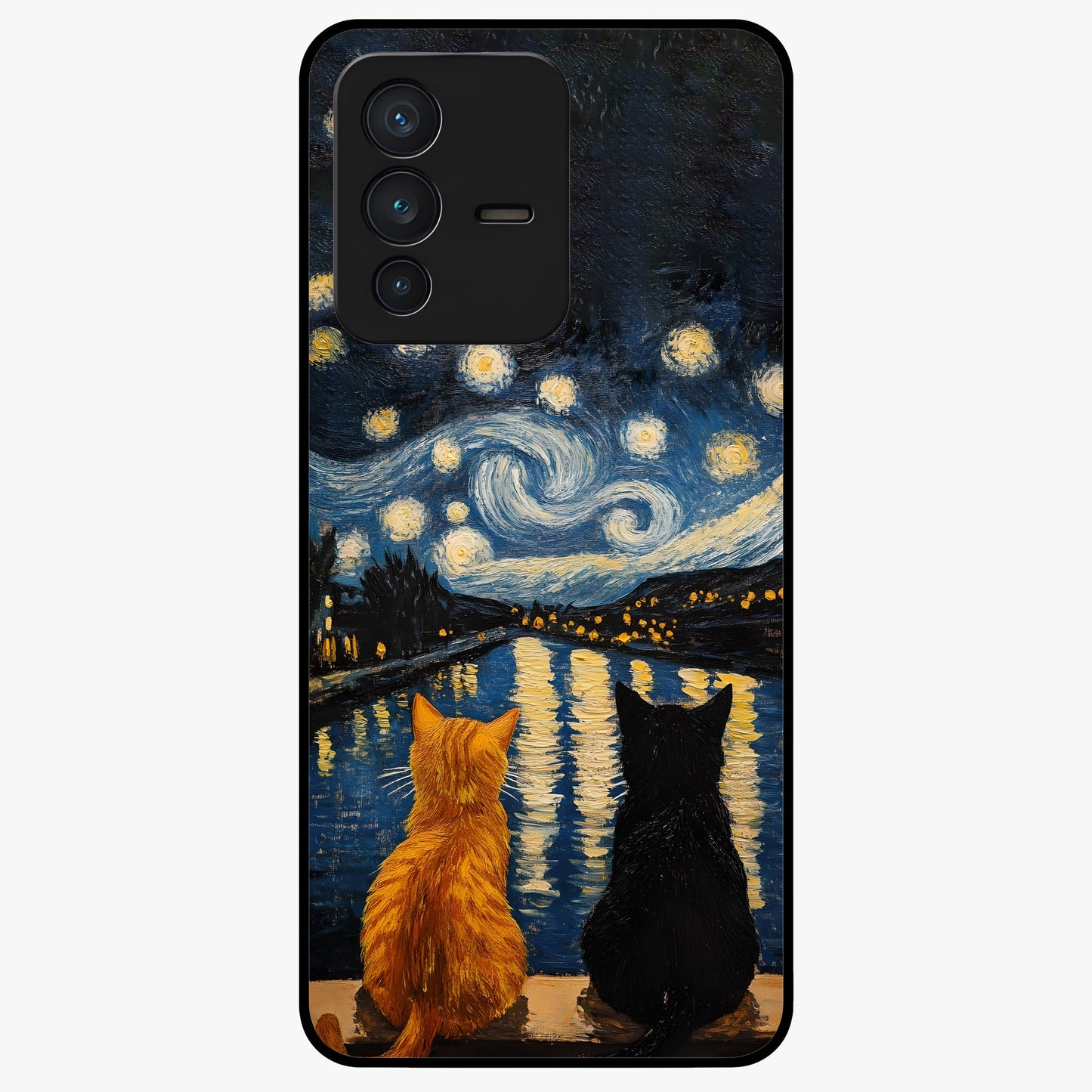 Starry River Cats Glass Case showing flat back view with cats by a starry river artwork and glossy glass finish.