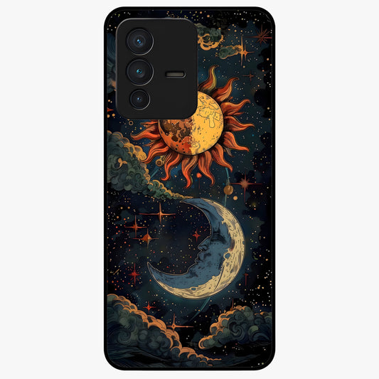 Sun And Moon Magic Design Glass Case showing flat back view with mystical sun and moon artwork and glossy glass finish.