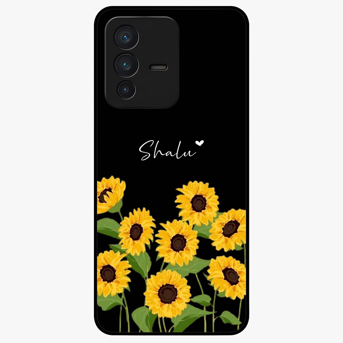 Sunflower Chic Mood Custom Name Glass Case showing flat back view with stylish sunflower artwork and personalized name design.