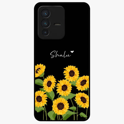 Sunflower Chic Mood Custom Name Glass Case showing flat back view with stylish sunflower artwork and personalized name design.