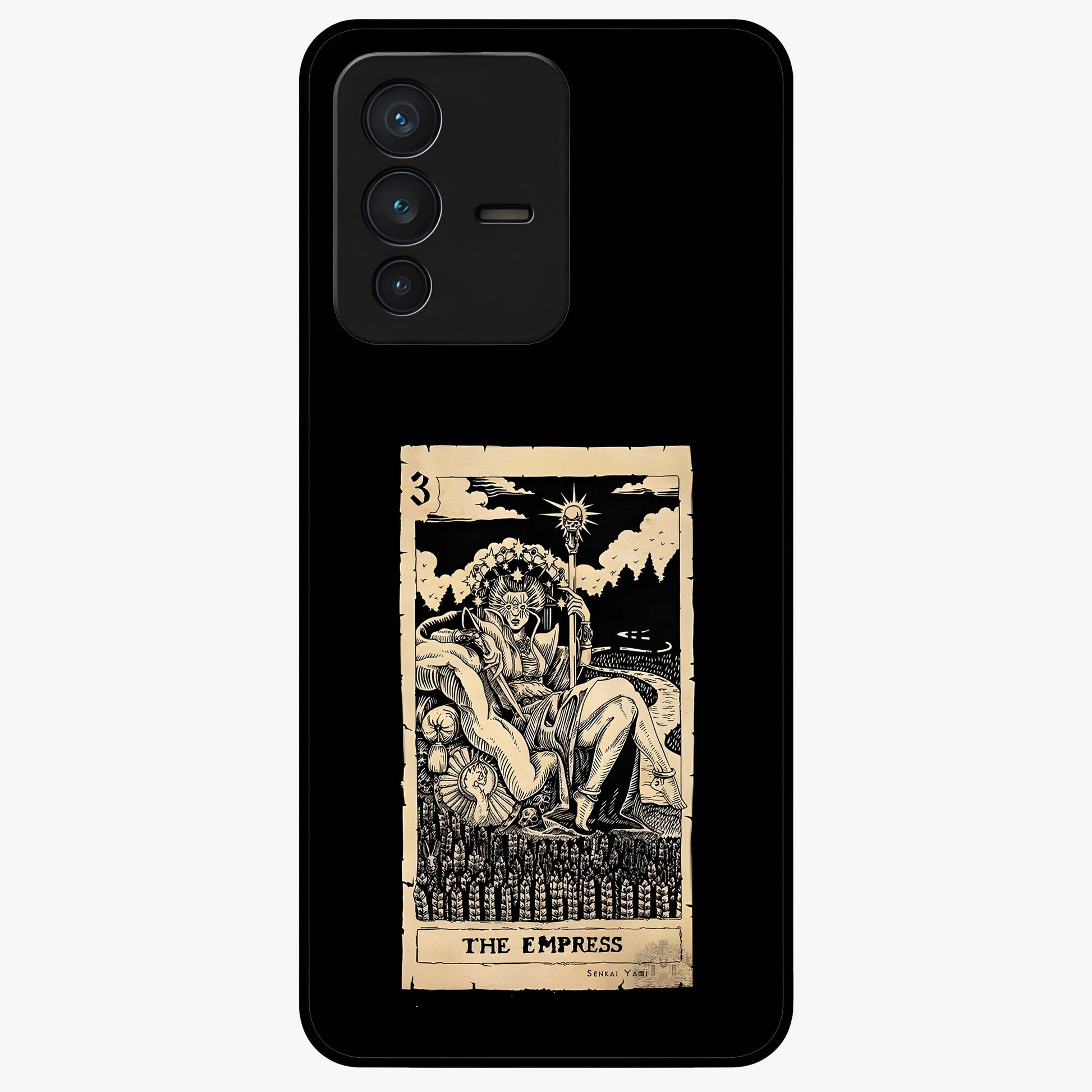 The Empress Glass Case showing flat back view with regal feminine artwork and glossy glass finish.