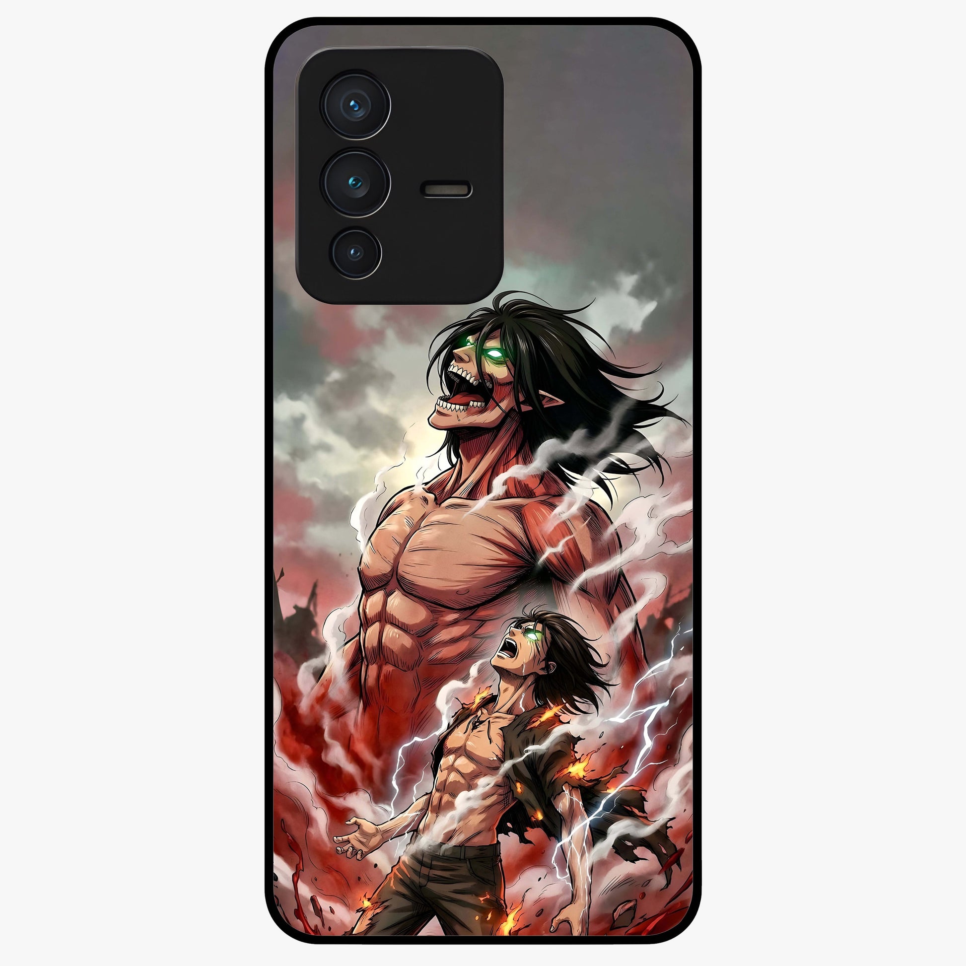 Titan Awakening Fury Glass Case showing flat back view with powerful titan inspired artwork and glossy glass finish.