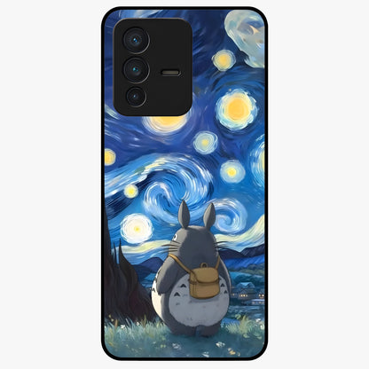 Totoro In Van Gogh Art Glass Case showing flat back view with whimsical character artwork inspired by Van Gogh style and glossy glass finish.