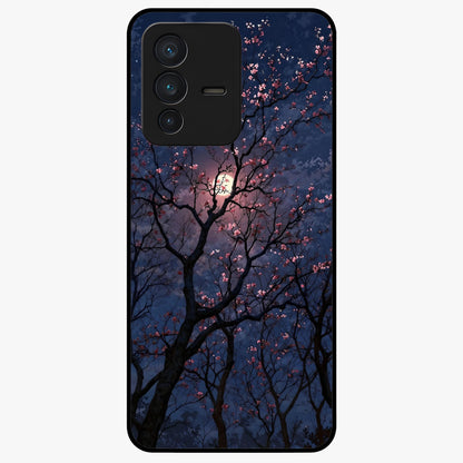 Twilight Sakura Serenade Glass Case showing flat back view with cherry blossom artwork at twilight and glossy glass finish.