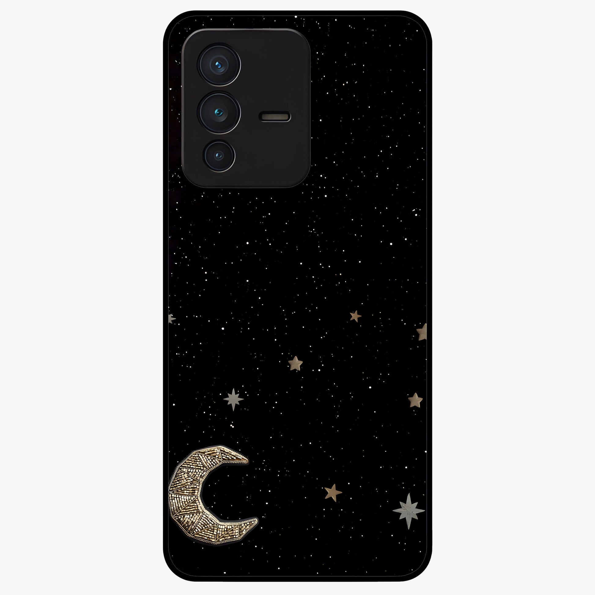 Twinkle Star With Half Moon Glass Case showing flat back view with star and half moon artwork and glossy glass finish.