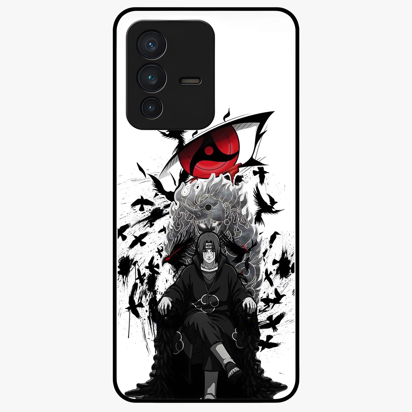 Uchiha Shadow Throne Glass Case showing flat back view with cosmic underwater themed artwork and glossy glass finish.
