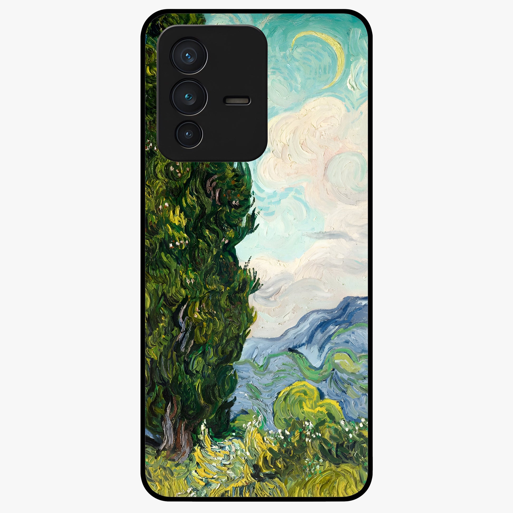 Van Gogh Vintage Art Glass Case showing flat back view with vintage painterly artwork inspired by Van Gogh style and glossy glass finish.