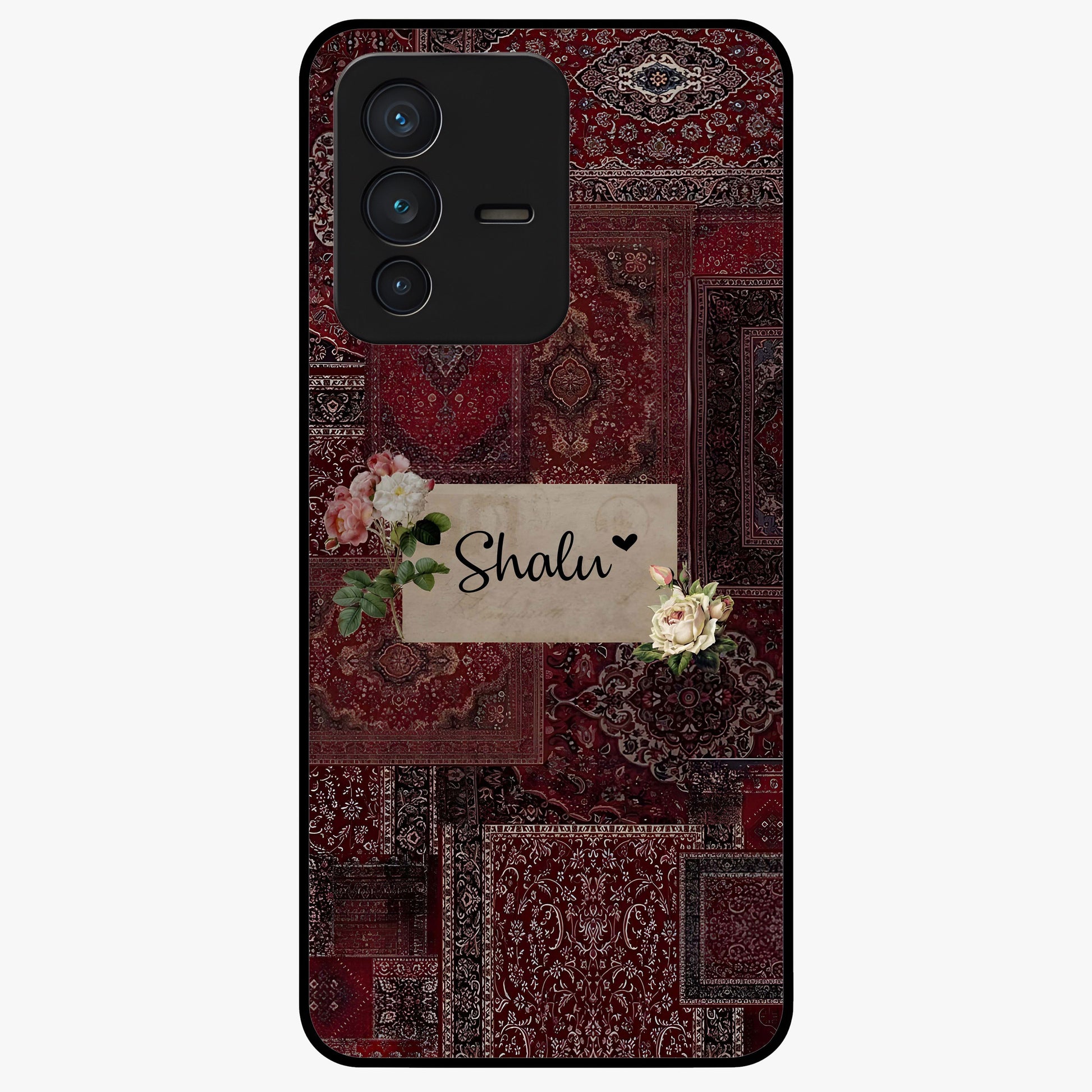 Velvet Wine Pattern Custom Name Glass Case showing flat back view with elegant wine colored pattern artwork and personalized name design.