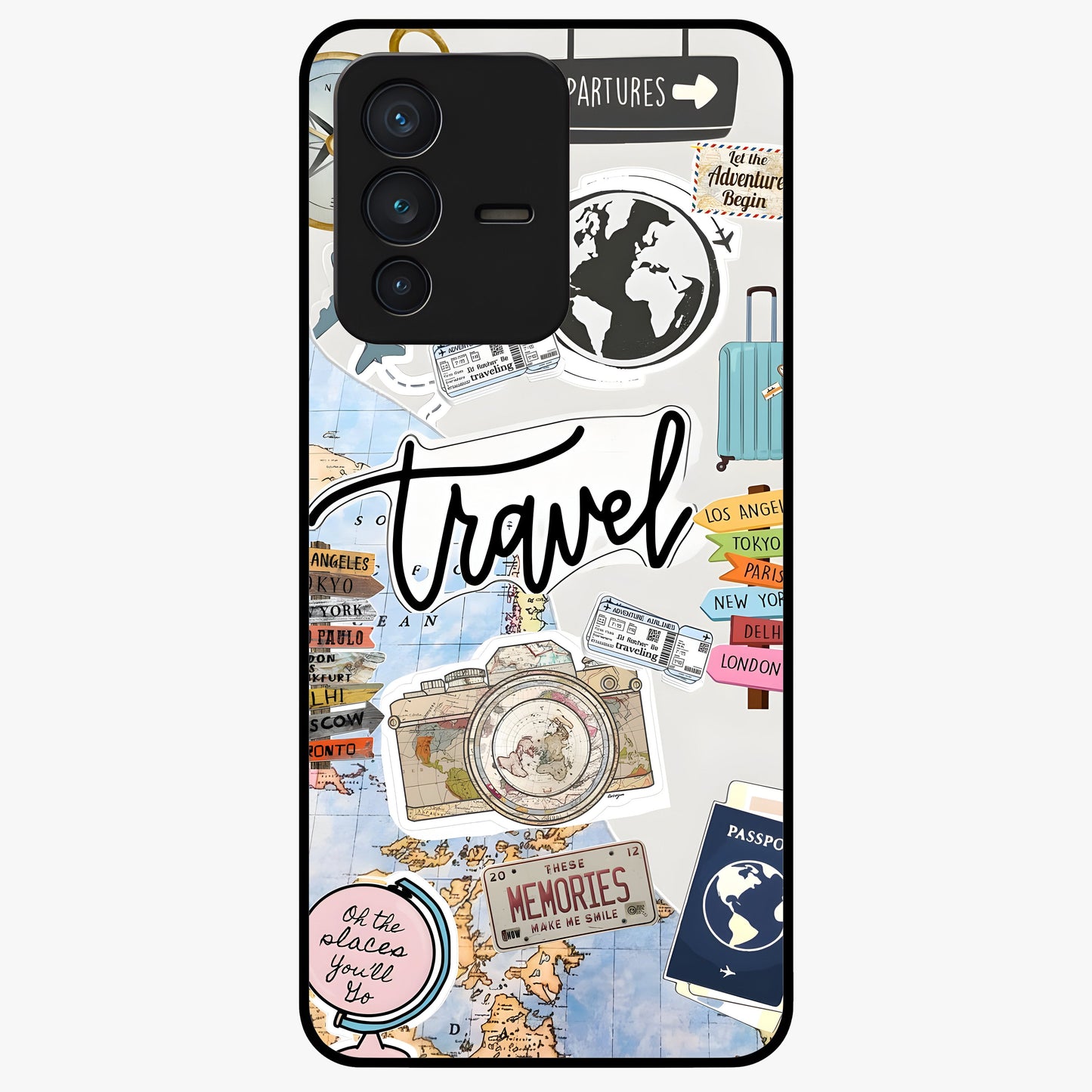 Wanderlust Journal Glass Case showing flat back view with travel inspired artwork and glossy glass finish.