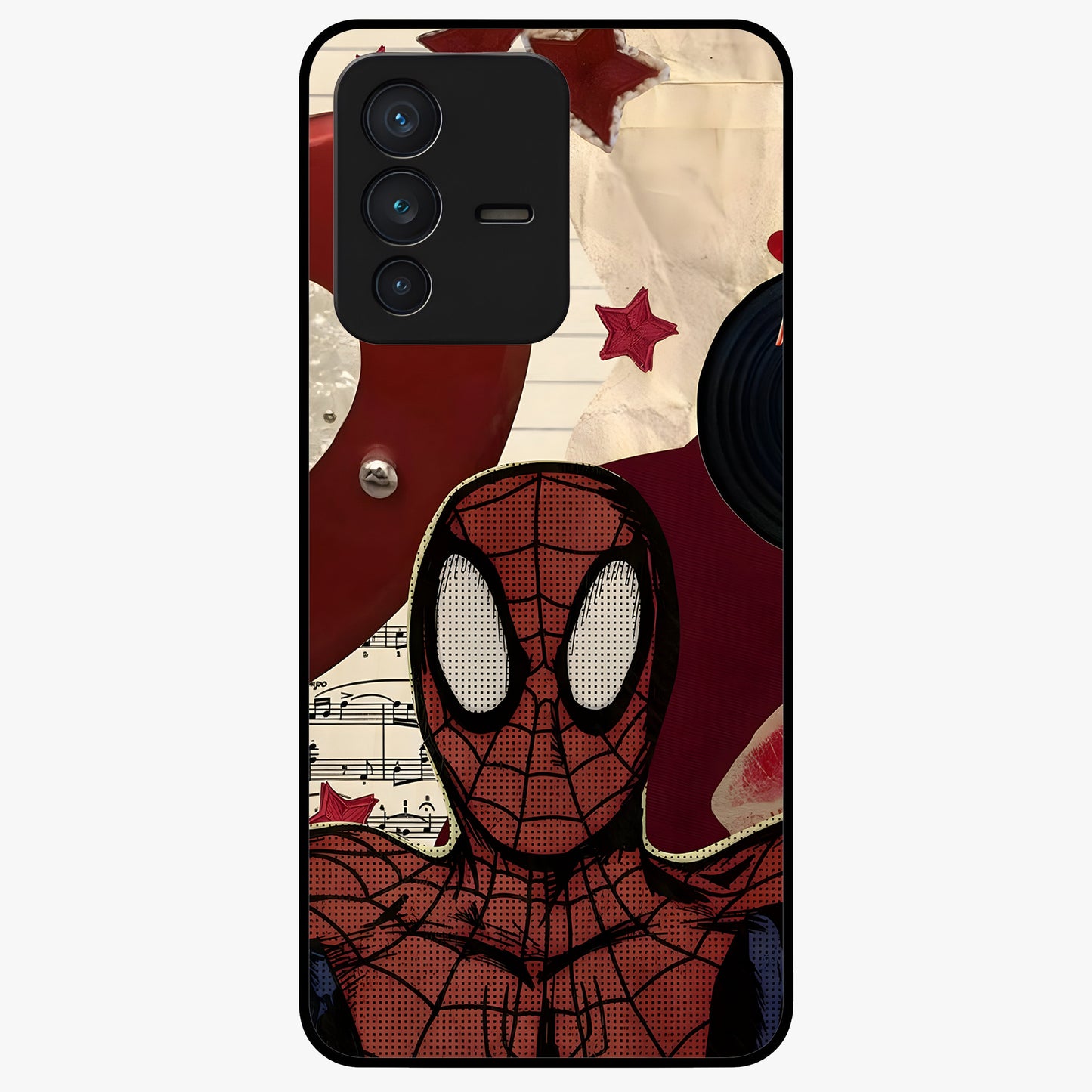 Web Warrior Vibes Glass Case showing flat back view with superhero inspired web themed artwork and glossy glass finish.