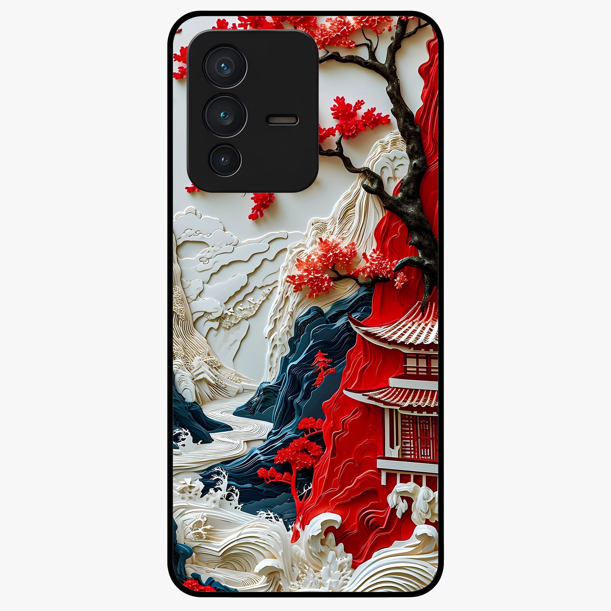 Whispers Of Sakura Waves Glass Case showing flat back view with cherry blossom wave artwork and glossy glass finish.
