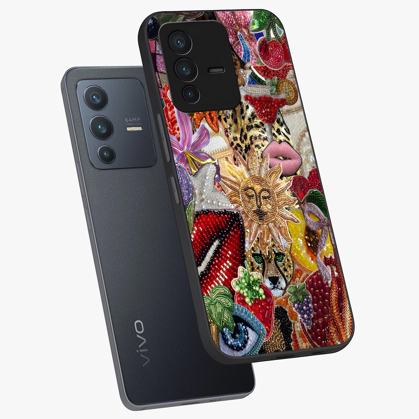 Beaded Fashion Jungle Glass Case displayed in angled mockup highlighting colorful fashion bead design and artistic pattern.