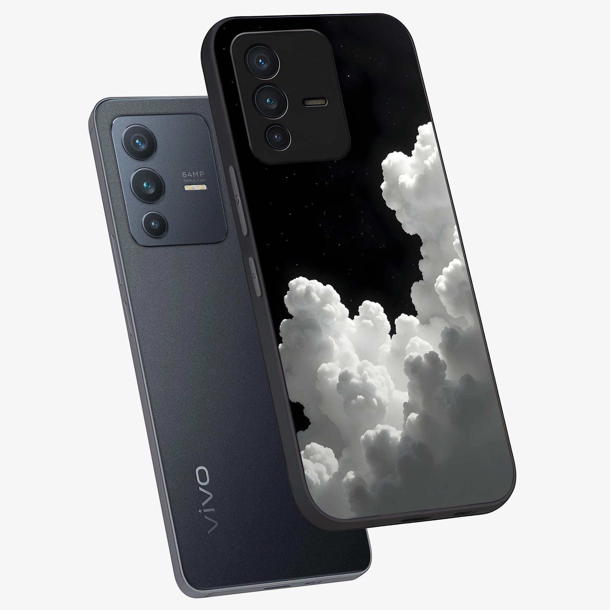 Black Background With White Cloud Glass Case displayed in angled mockup highlighting soft white cloud illustration and minimal design.
