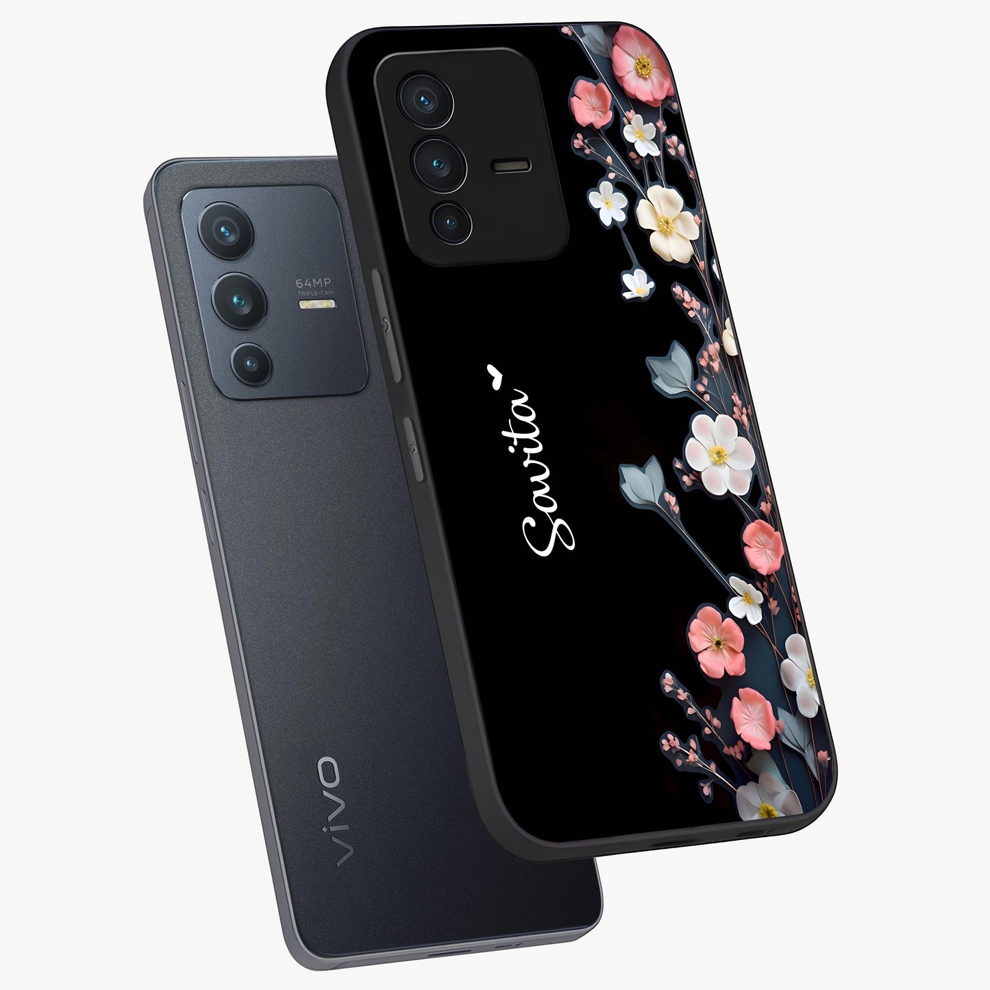 Black Elegance Floral Custom Name Glass Case displayed in angled mockup highlighting dark floral aesthetic and custom name feature.