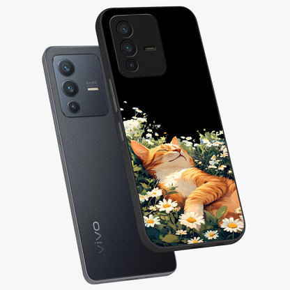 Blissful Bloom Cat Glass Case displayed in angled mockup highlighting playful feline illustration with soft floral aesthetic.