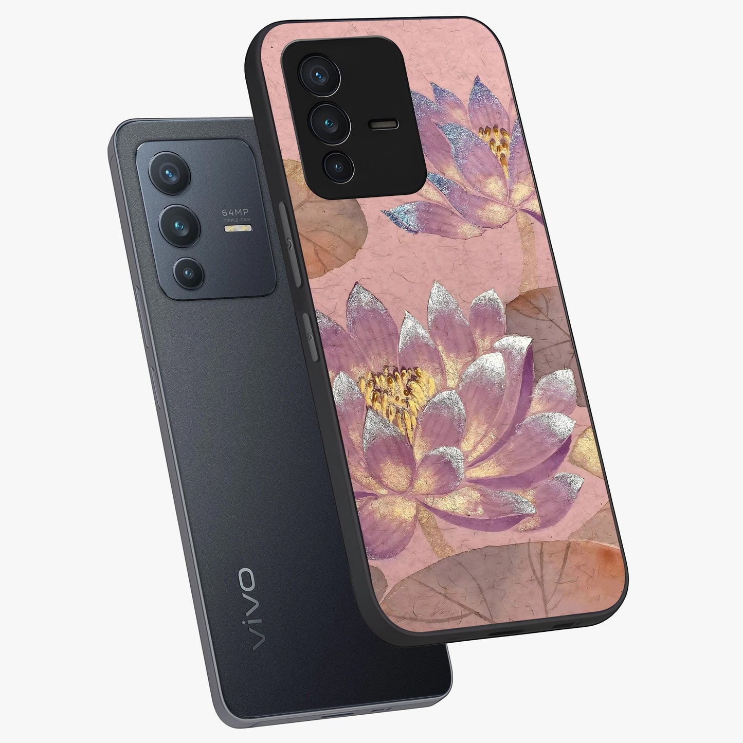 Blossom Mist Lotus Glass Case displayed in angled mockup highlighting delicate lotus illustration with calm aesthetic theme.
