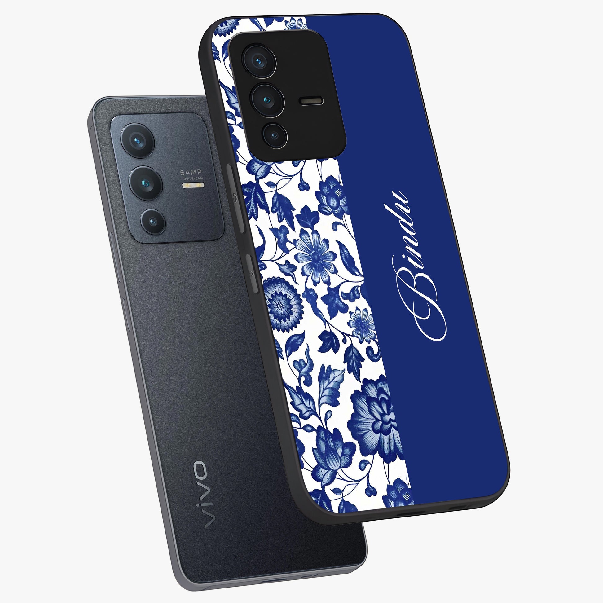 Blue Vintage Floral Pattern Glass Case displayed in angled mockup highlighting subtle bloom pattern with aesthetic pastel design.