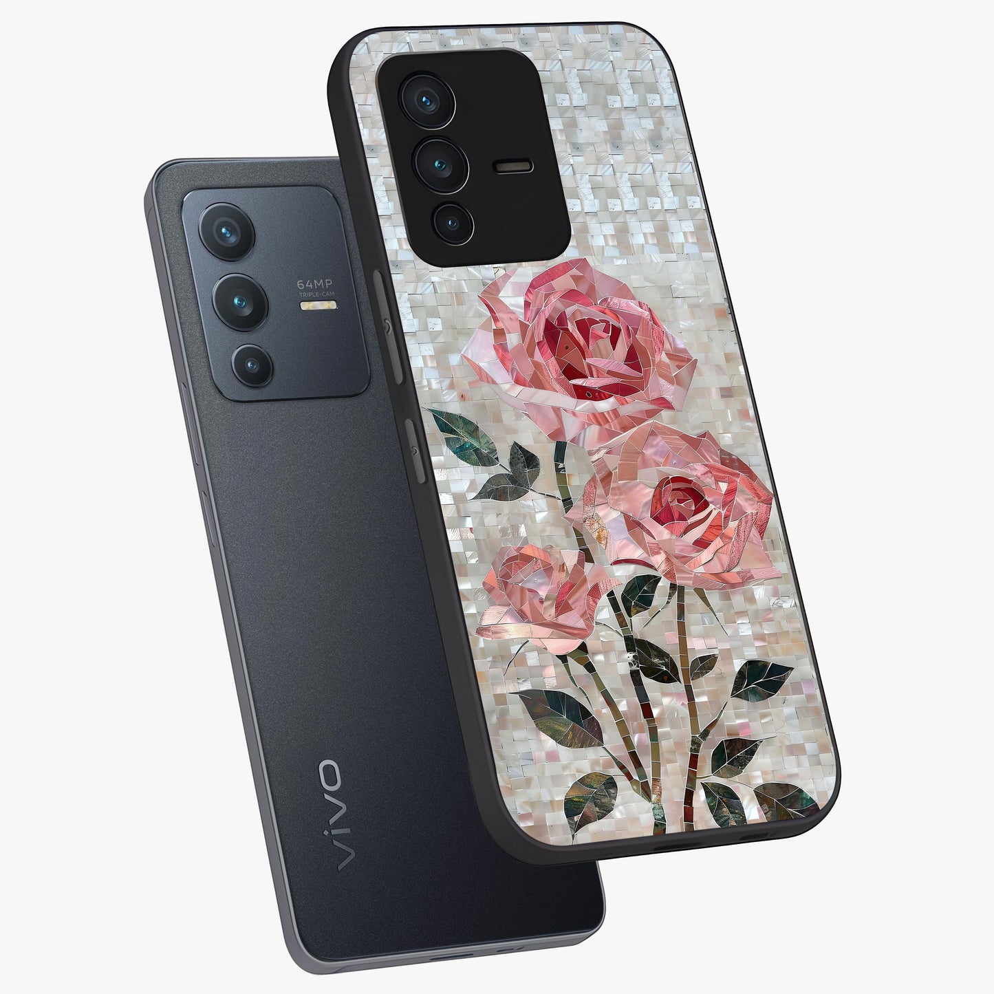 Blush Mosaic Bloom Glass Case displayed in angled mockup highlighting artistic mosaic flower pattern with aesthetic design.