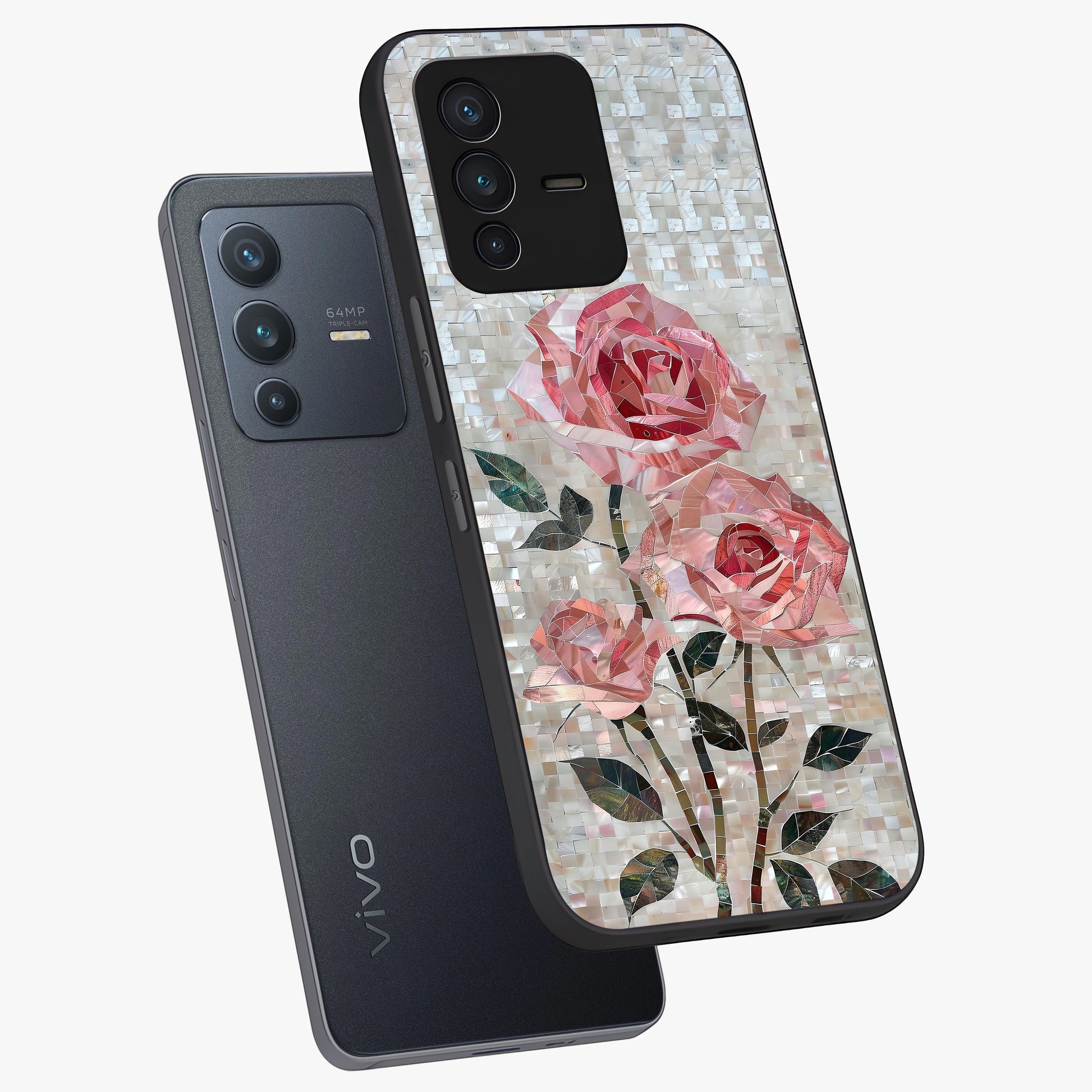 Blush Mosaic Bloom Glass Case displayed in angled mockup highlighting artistic mosaic flower pattern with aesthetic design.