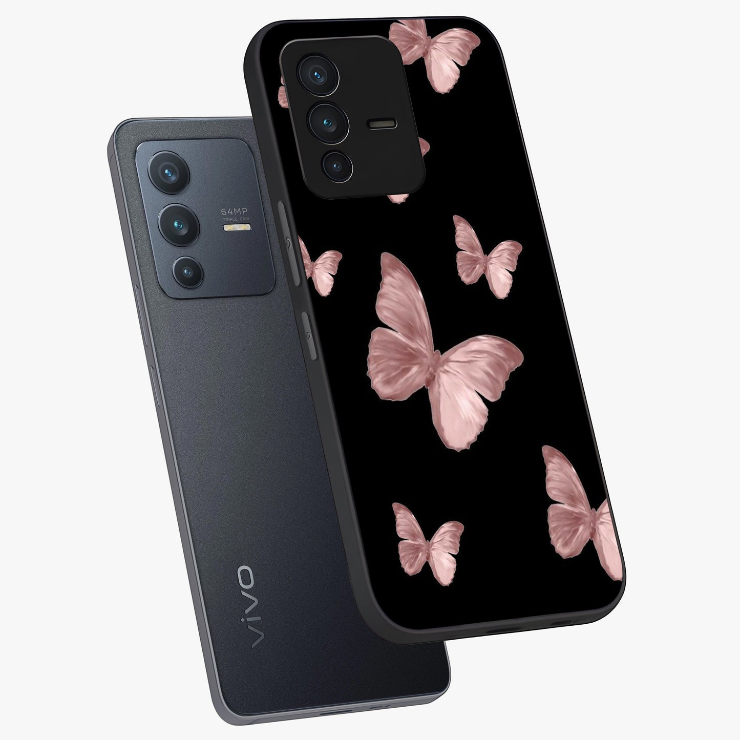 Butterfly Pattern Glass Case displayed in angled mockup highlighting delicate butterfly design and aesthetic pattern style.