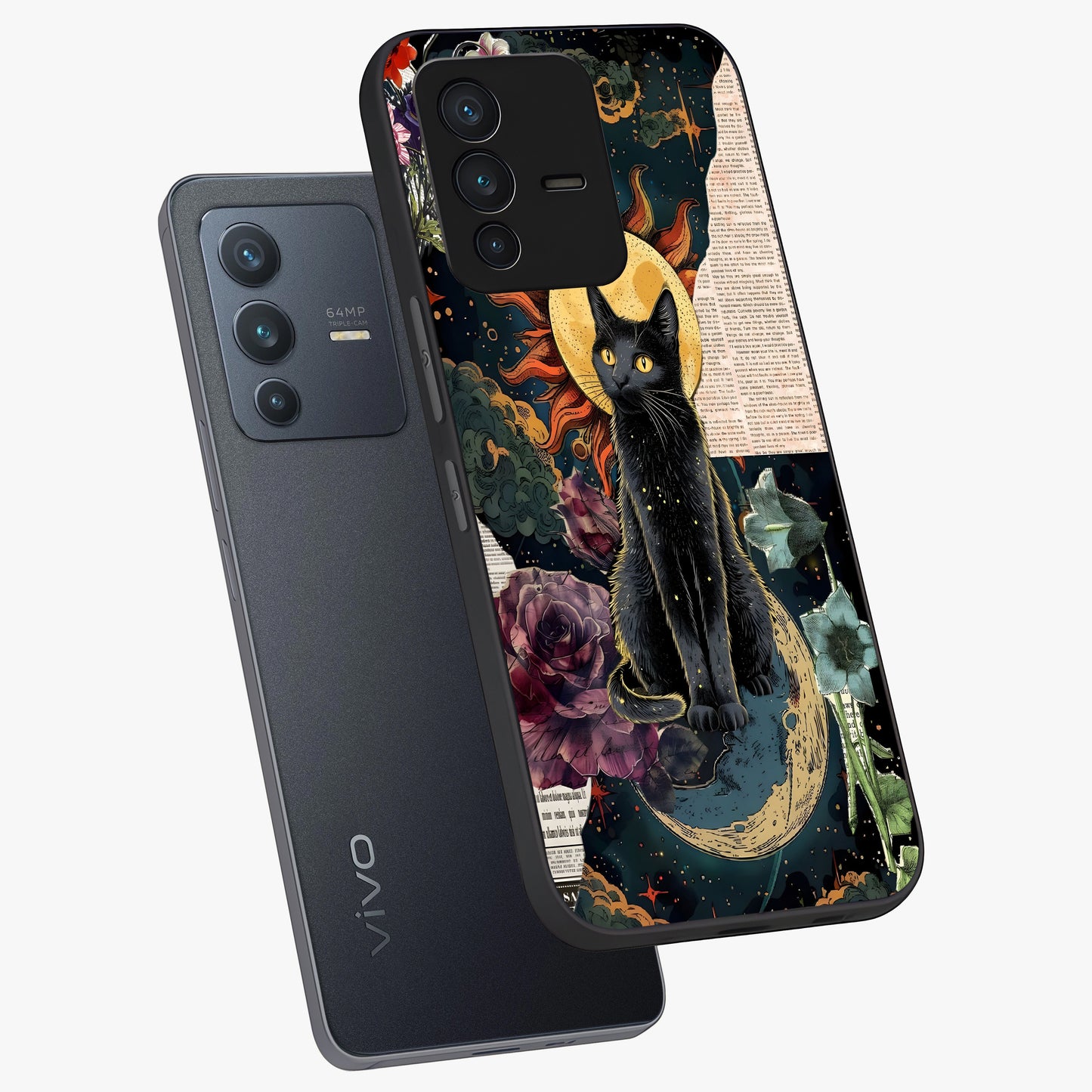 Celestial Black Cat Glass Case displayed in angled mockup highlighting cosmic black cat design with celestial aesthetic.
