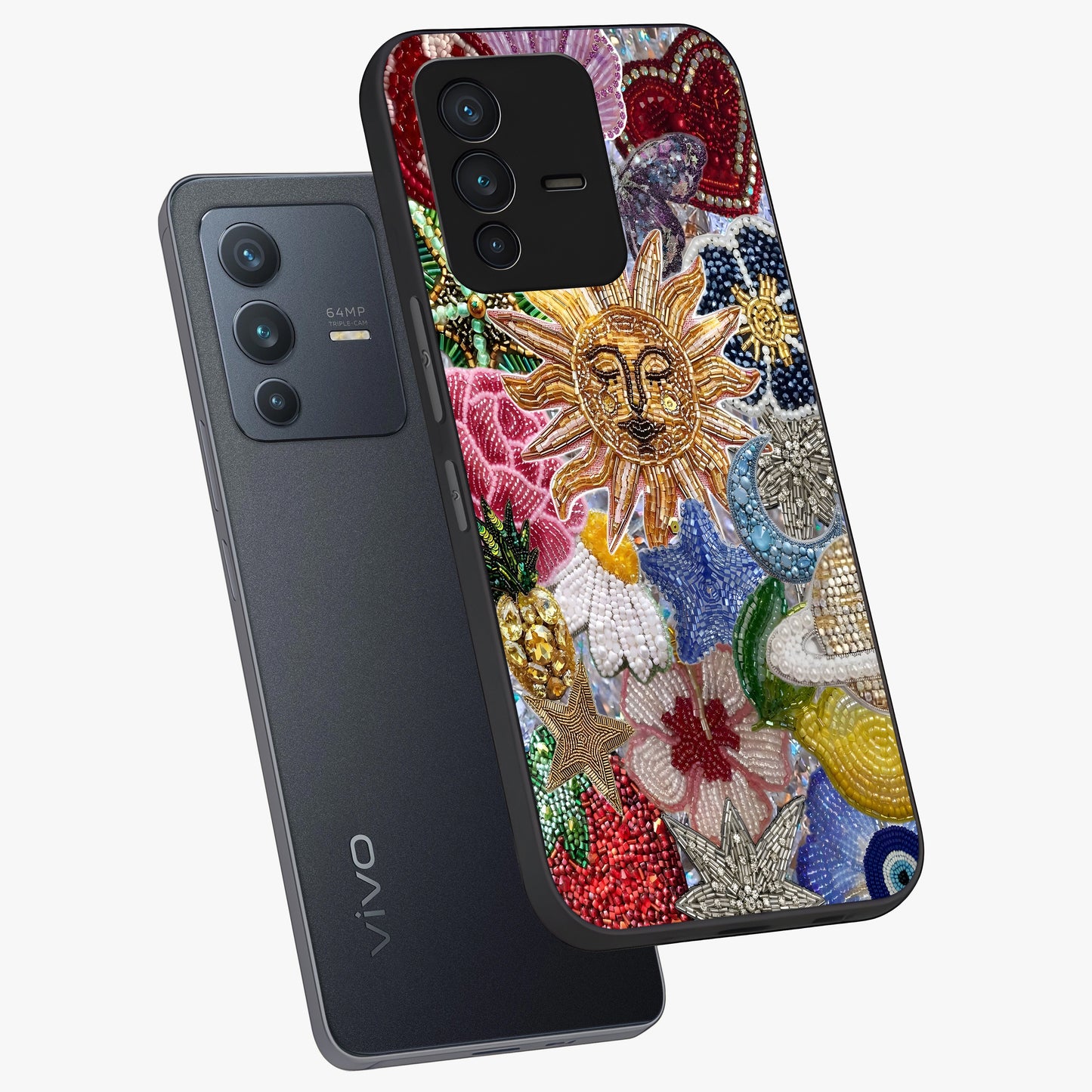 Celestial Floral and Playful Glass Case displayed in angled mockup highlighting playful floral design with dreamy celestial elements.