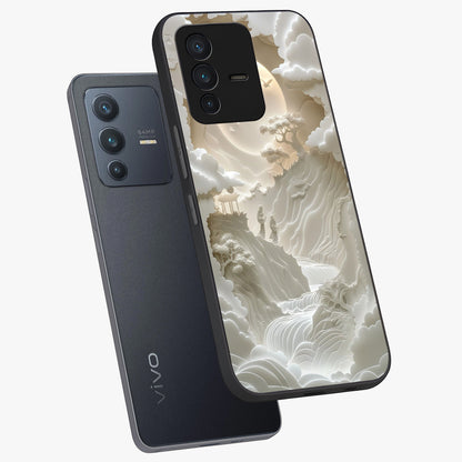 Celestial Origami Glass Case displayed in angled mockup highlighting geometric origami design with cosmic aesthetic theme.