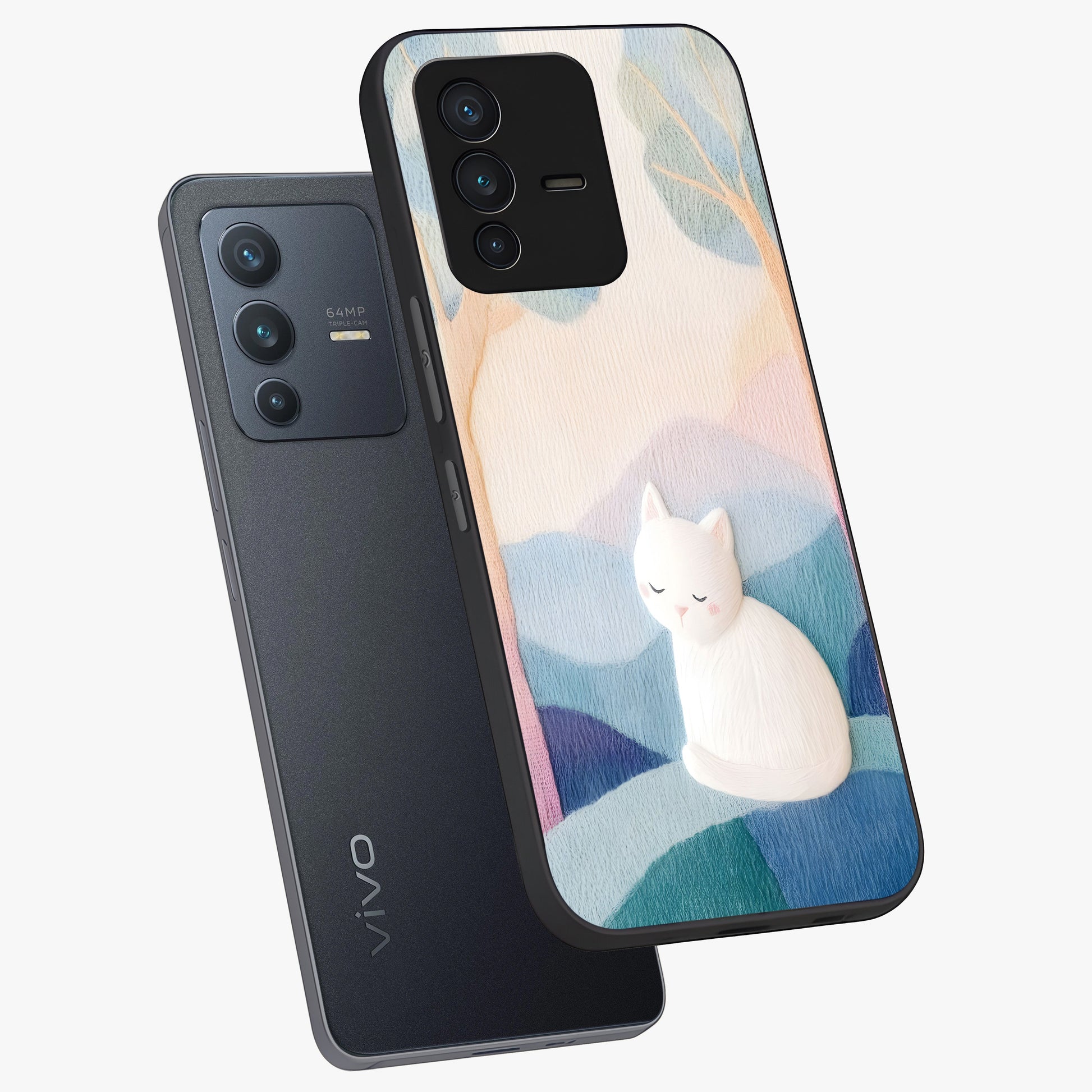 Cotton Dream Cat Glass Case displayed in angled mockup highlighting cute feline illustration with pastel aesthetic style.