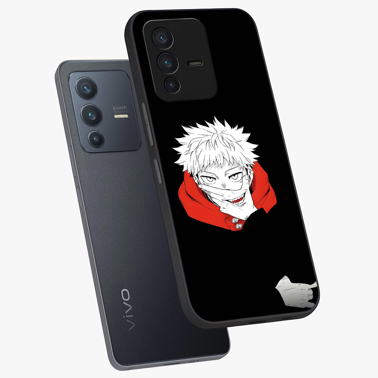 Crimson Chaos Smile Glass Case displayed in angled mockup highlighting edgy crimson smile design with graphic aesthetic.