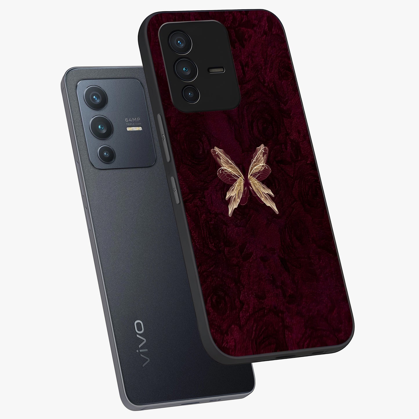 Crimson Fade Butterfly Glass Case displayed in angled mockup highlighting elegant butterfly design with crimson gradient aesthetic.
