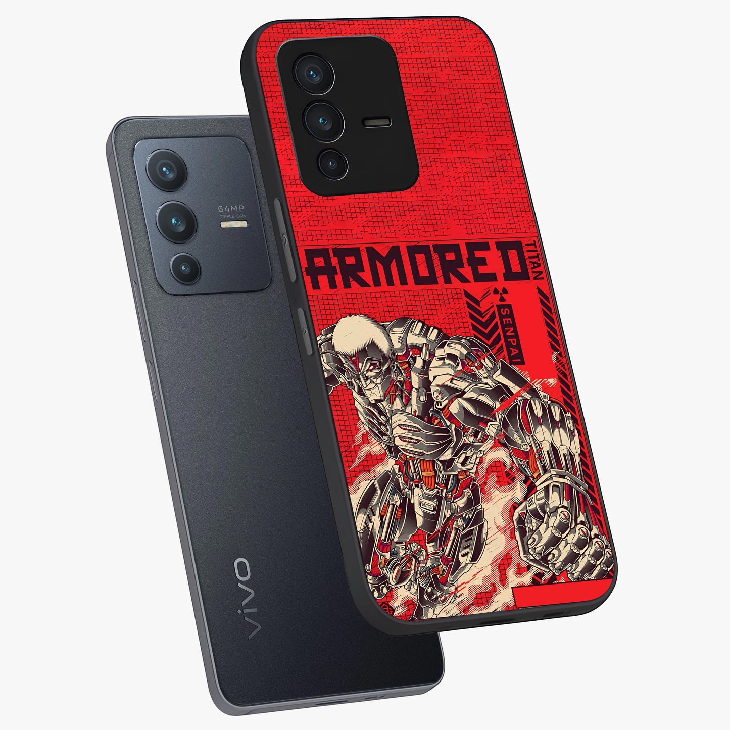 Crimson Mecha Titan Glass Case displayed in angled mockup highlighting futuristic mech illustration with bold crimson aesthetic.