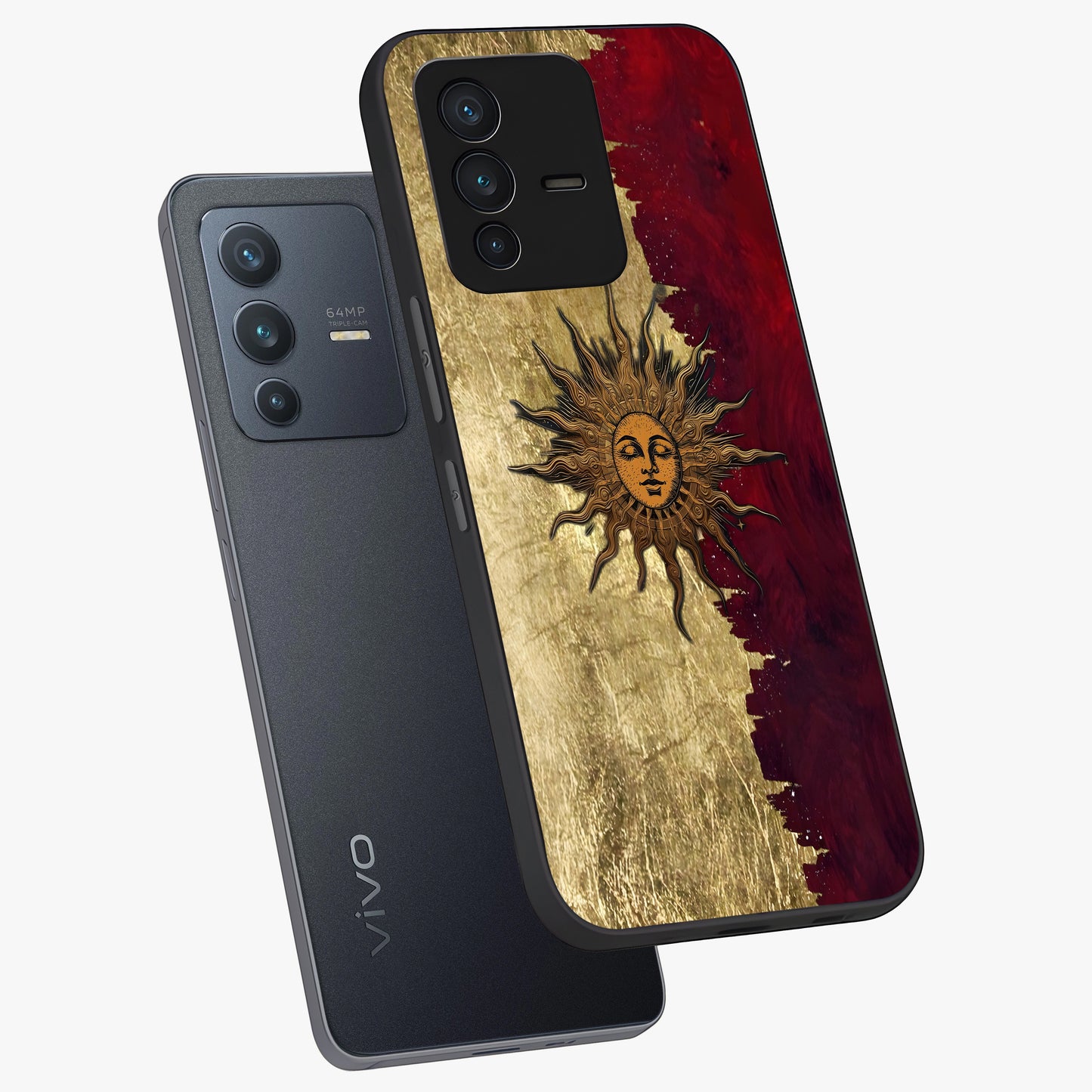 Crimson Sun Majesty Glass Case displayed in angled mockup highlighting majestic crimson sun design with bold aesthetic style.