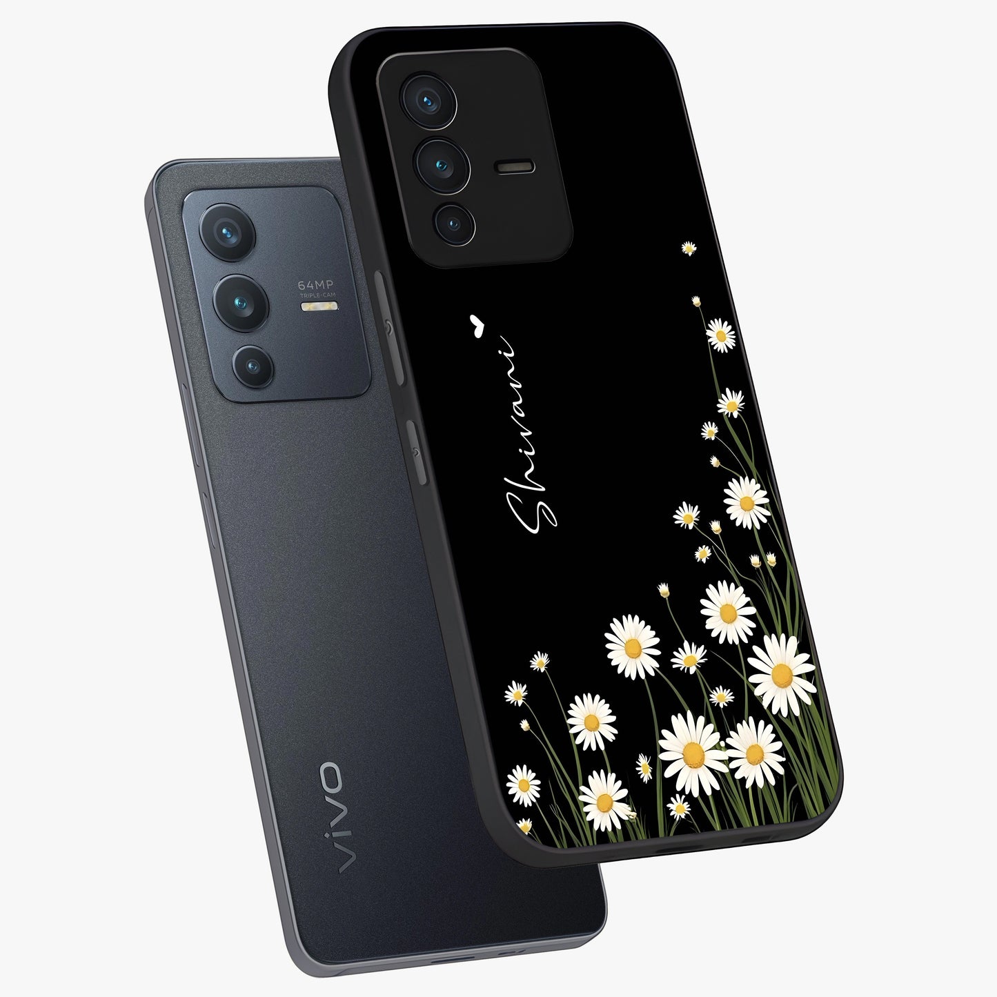 Daisy Cascade Custom Name Glass Case displayed in angled mockup highlighting delicate daisy artwork with custom name feature.